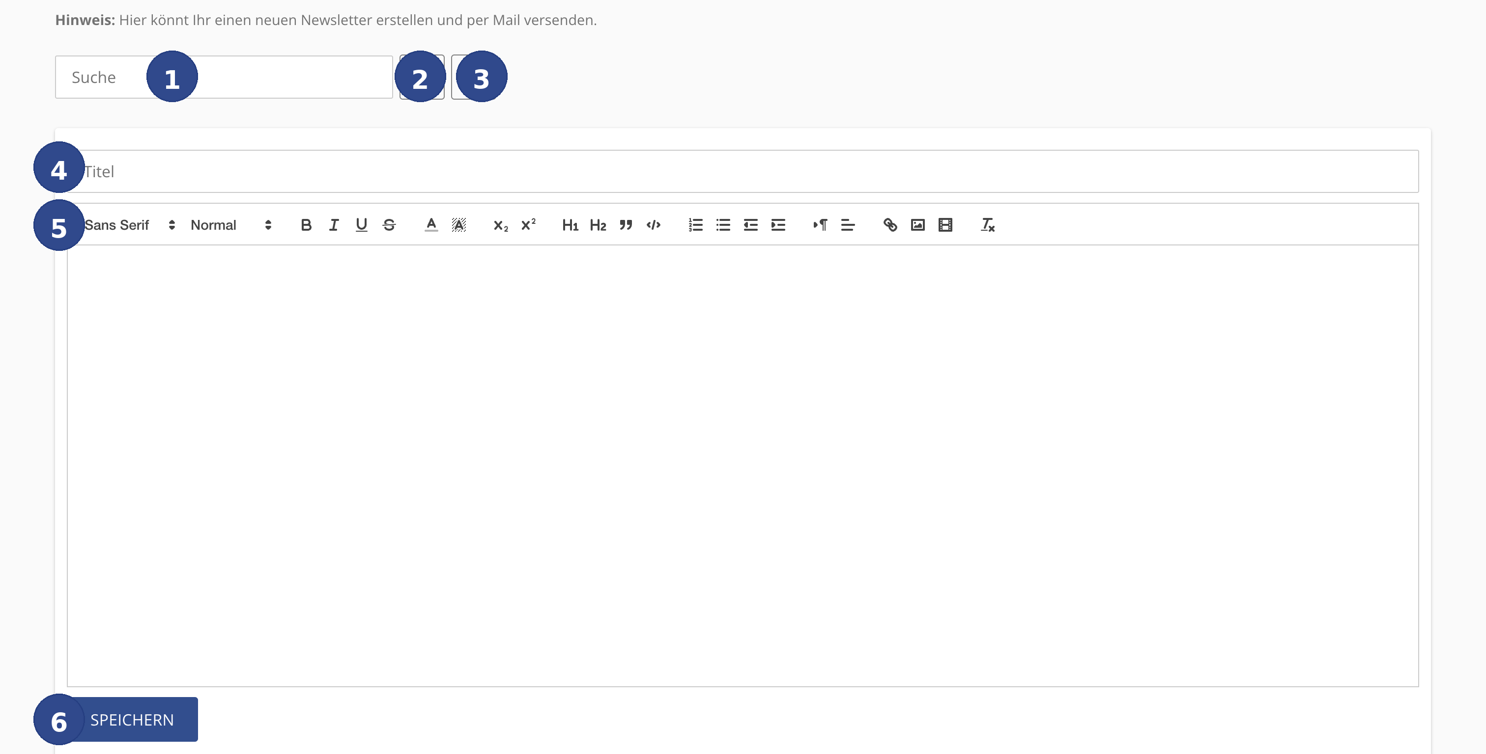 Newsletter creation view with search field, title and rich text editor